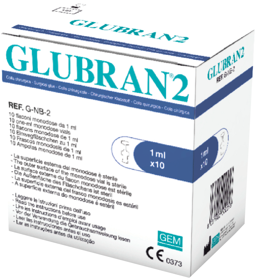Синтетический клей Glubran 2 на основе N-бутилцианоакрилата, модифицирован добавлением разработанного производителем мономера, производитель: GEM Italy